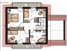 PODKROVÍ: 1 chodba, 2 dětský pokoj, 3 ložnice, 4 dětský pokoj, 5 koupelna + WC, 6 balkon, 7 balkon