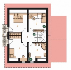 PODKROVÍ: 1 chodba, 2 ložnice, 3 ložnice, 4 balkon, 5 ložnice, 6 koupelna