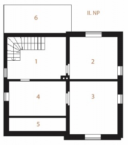 II. NP: 1 hala, 2 pokoj, 3 pokoj, 4 pokoj, 5 půda, 6 balkon