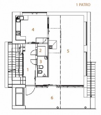 1. PATRO: 1 hala, 2 spíž, 3 koupelna a WC, 4 kuchyň, 5 obývací pokoj, 6 terasa