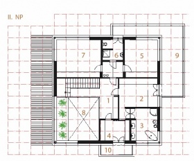 II. NP: 1 galerie, 2 ložnice rodičů, 3 koupelna a WC, 4 šatna, 5 dětský pokoj, 6 koupelna a WC, 7 pokoj pro hosta, 8 průhled do I. NP, 9 terasa, 10 terasa