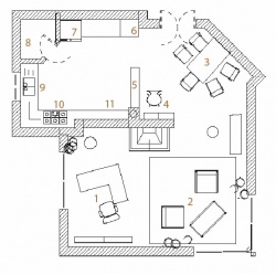 Půdorys varianty B: 1 pracovní kout se stolem a knihovnou za zády, 2 ratanová sedací souprava, 3 jídelní kout, 4 skleník s dekoračními předměty, 5 nízký stolek s židlí, 6 sloup se zabudovanou mikrovlnnou a horkovzdušnou troubou, 7 lednice, 8 spíž, 9 mycí zóna s dřezem, 10 varná zóna, 11 barové okénko se sedátkem
