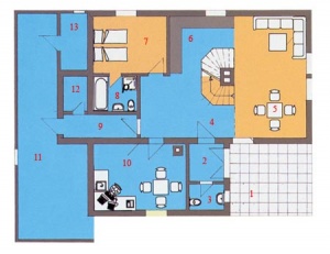 Půdorys přízemí domu: 1. krytá terasa, 2. předsíň, 3. WC, 4. hala, 5 obývací pokoj, 6. kuchyně, 7. ložnice, 8. koupelna, 9. chodba, 10. pracovna, 11. sklad paliva, 12. spíž, 13. dílna
