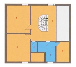Půdorys podkroví domu: 1. galerie, 2. ložnice, 3. pokoj, 4. WC, 5. koupelna, 6. sklad