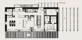 PŘÍZEMÍ: 1 vstup, 2 kuchyň, 3 obývací pokoj, 4 spíž, 5 technická místnost, 6 odpočívárna, 7 koupelna s WC, 8 sauna, 9 sklad, 10 stání pro auto, 11 terasa