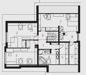 PODKROVÍ: 1 hala, 2 pokoj, 3 dětský pokoj, 4 koupelna, 5 šatna, 6 šatna pro ložnici, 7 ložnice, 8 galerie nad ložnicí, 9 galerie haly