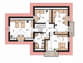 POKDROVÍ: 1 hala, 2 koupelna a WC, 3-5 pokoj, 6 balkon, 7 ložnice