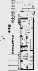 PATRO: 1 hala, 2 obývací pokoj, 3 kuchyň, 4 WC, 5 ložnice, 6 koupelna, 7 sauna, 8 ochoz, 9 terasa