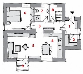 1 zádveří, 2 šatna, 3 chodba, 4 kuchyně a jídelna, 5 obývací pokoj, 6 ložnice, 7 koupelna a WC, 8 komora, 9 balkon
