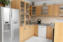 Vysněná spíž je podle majitelčiných požadavků 90 cm široká, 60 cm hluboká a opatřená prosklenými dvířky. Americkou dvoukřídlou chladničkou si splnili sen oba manželé