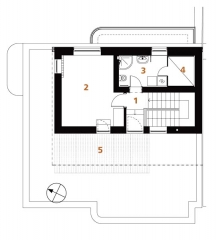 2. PATRO: 1 hala, 2 pokoj, 3 koupelna, 4 sauna, 5 terasa