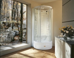Flexa tower (JACUZZI), rozměr 90 x 90 x 232 cm, termostatická baterie, 16 bočních masážních trysek, 8 zádových trysek, pevná sprcha, cirkulační kaskáda, rádio, cena od 246 329 do 272 963 Kč, KOZÁK