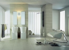 Kónické keramické umyvadlo ze série Starck X, cena 31 325 Kč/ks, zrcadlo ze série Starck 1, rozměry 325 x 32 x 1 075 mm, cena 8 295 Kč/ks, DURAVIT