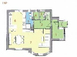 I NP: 1 veranda, 2 předsíň, 3 komora, 4 komora, 5 koupelna + WC, 6 kuchyň, 7 obývací pokoj