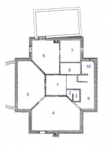 Suterén: 1. hala, 2. předsíň, 3. WC, 4. ordinace, 5. sauna, 6. dílna, 7. sklad, 8. prádelna, 9. sklad, 10. prádelna