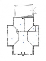 Přízemí: 1. zádveří, 2. WC, 3. šatna, 4. hala, 5. spíž, 6. obývací pokoj, 7. dvoupatrová hala s bazénem, 8. jídelna