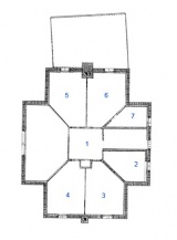 Patro: 1. hala, 2. koupelna, 3. ložnice, 4. pokoj, 5. pokoj, 6. ložnice, 7. koupelna
