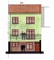 Nově navržené fasády mají nátěr v barvě kiwi a obklad z cihelných pásků. Na straně do ulice ubyla malá okna, do zahrady přibyla terasa a francouzské okno