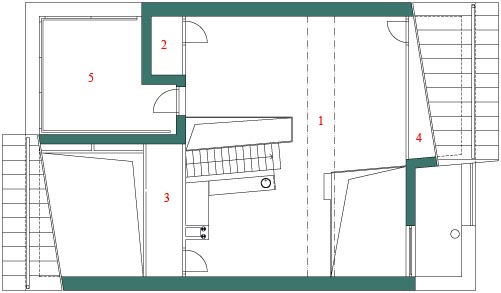 III. NP: 1. atelier, 2. WC, 3. variabilní prostor, 4. variabilní prostor, 5. terasa