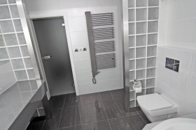 Dvě úzké luxferové příčky mají funkci dělicích zástěn