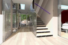 V hale architekt navrhl lavičku z lesklého chromu integrovanou do zrcadlové stěny. Celek tak opticky splývá