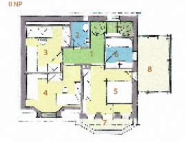 II NP: 1 chodba, 2 WC, 3 dětský pokoj, 4 dětský pokoj, 5 ložnice, 6 koupelna, 7 balkon, 8 skleník