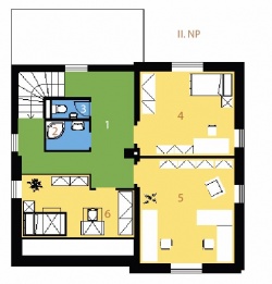 II. NP: 1 hala, 2 koupelna, 3 WC, 4 dětský pokoj, 5 dětský pokoj, 6 pokoj pro hosty
