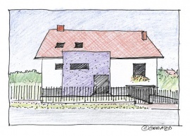 Pohled od severozápadu - návrh. Před vstupní partii je předsazeno nové venkovní schodiště, ketré od ulice odděluje předstěna. Majitelé domu si mohou podle svého vkusu a finančních možností zvolit různé materiálové ztvárnění - barevnou omítku, obložení dřevem, cembonitovými deskami, plechem. Stavba tak získá moderní výraz