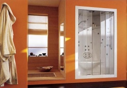 Vestavný sprchový box s posuvnými dveřmi, termostatická baterie, pevná sprcha, ruční sprcha, hydromasáž Back hydro Fit, skotské střiky, Blue hydroprogram, turecká lázeň cena 406 694 Kč, KOZÁK BATH & INTERIOR