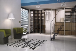 Výplň šatní skříně (Indeco), design Roman Vrtiška, čirý Connex, rám hliníkový, vnitřní zástavba je z ořechu, 400 x 230 x 60 cm, cena 70 504 Kč, www.indeco.cz