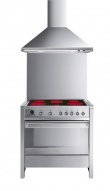 Sporák Opera (Smeg), s multifunkční troubou a  s keramickou varnou deskou, 90 cm, nerez, ocel, energetická třída A, 5 zvýrazněných varných zón, automatický bezpečnostní vypínač, ukazatele zbytkového tepla,  cena 72 000 Kč, SMEG