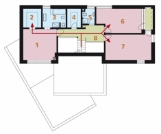 Patro: 1 ložnice, 2 šatna, 3 koupelna + WC, 4 šatna dětí, 5 koupelna + WC, 6 a 7 dětský pokoj, 8 galerie