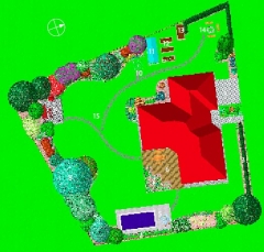 1 parkovací místo před garáží, 2 vstup do domu, 3 stříhaný živý plot, 4 popínavá rostlina na plotě, předsadba z trvalek, 5 bazén s odpočívadlem, 6 dřevěná terasa u domu, 7 trvalkový záhon u terasy, 8 záhon keřů a stromů oddělující pohledy sousedů, 9 zahradní posezení s pergolou a venkovním krbem, 10 sušák na prádlo, 11 skleník, 12 záhonky na zeleninu a drobné ovoce, 13 kompost, 14 ohniště, 15 šlapáky v trávníku