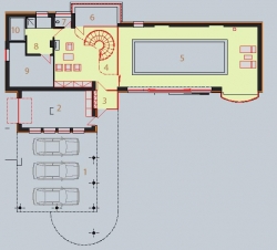 PŘÍZEMÍ: 1 garážové stání, 2 garáž, 3 vstup, 4 hala, 5 bazén, 6 zimní zahrada, 7 WC, 8 relaxační místnost + sprcha, 9 technická místnost, 10 sauna