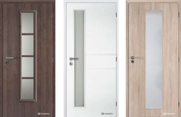 Dveře Masonite: CPL premium, AXIS sklo, DUB KUBÁNSKÝ; Interiérové profilované dveře ANGLET, bílá, VERTIKA; Kašírované dveře LINEA, DUB SONOMA (Masonite.cz)