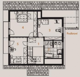 PODKROVÍ: 1 hala, 2 koupelna + WC, 3 pracovna, 4 ložnice rodičů, 5 dětský pokoj, 6 balkon