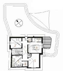 Podkroví - návrh: 1 chodba, 2 pokoj, 3 koupelna + WC, 4 sauna, 5 pokoj, 6 WC, 7 koupelna, 8 ložnice, 9 terasa