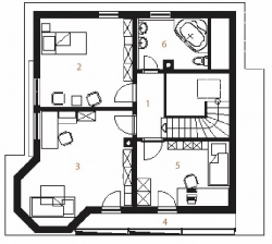 Podkroví: 1 galerie, 2 dětský pokoj, 3 ložnice, 4 balkon, 5 pracovna, 6 koupelna