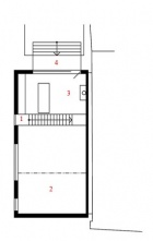 První patro: 1. schodiště, 2. obývací pokoj s jídelnou, 3. kuchyň, 4. terasa