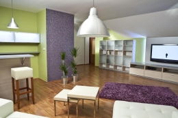 Vzhledem k dodržení rozpočtu jsou nábytek, barový kout i chybějící parapety v oknech vyrobeny ze dvou druhů lamina – stříbrné a imitace velmi světlého dřeva