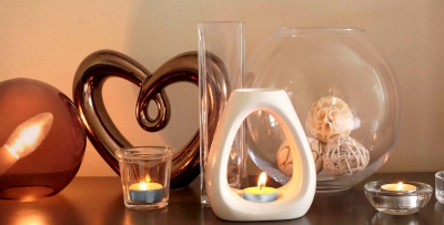 Bronzové srdce, aroma lampa, skleněná kulatá váza