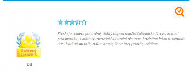 Podle recenzí se noví majitelé obávají o kvalitu potahu, přesto však křeslo Tempo Kondela Deny 2 doporučují. (Zdroj: Heureka.cz)