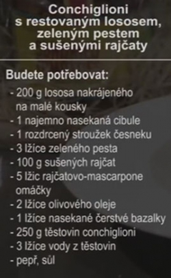 Conchiglioni s restovaným lososem, zeleným pestem a sušenými rajčaty