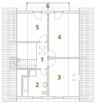 PODKROVÍ: 1 galerie, 2 koupelna + WC, 3-5 pokoj, 6 balkon