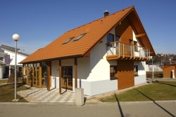 Fasáda s rytmickým střídáním omítky a dřevěného obložení, oživená ještě šedomodrým soklem, spolu s novým balkónem se zábradlím ve skle a kovu dává domu Terra důstojné postavení i v sousedství městských vilek
