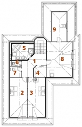 PATRO: 1 hala, 2 + 3 dětský pokoj, 4 šatna, 5 koupelna, 6 WC, 7 komora, 8 ložnice rodičů, 9 šatna