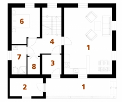 PŘÍZEMÍ: 1 závětří, 2 technická místnost, 3 předsíň, 4 hala, 5 hlavní obytná místnost, 6 pokoj, 7 koupelna + WC, 8 komora