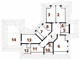 PODKROVÍ: 1 hala, 2 a 3 dětský pokoj, 4 WC, 5 komora, 6 ložnice rodičů, 7 ložnice, 8 šatna, 9 WC, 10 koupelna, 11 šatna, 12 půda, 13 pokoj, 14 koupelna + WC