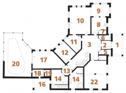 PŘÍZEMÍ: 1 závětří, 2 zádveří, 3 hala, 4 schodiště, 5 šatna, 6 WC, 7 spíž, 8 kuchyň, 9 jídelna, 10 obývací pokoj, 11 pracovna, 12 ložnice, 13 chodba, 14 koupelna + WC, 15 technická místnost, 16 zadní vstup, 17 fitnes, 18 sauna, 19 koupelna + WC, 20 bazén, 21 šatna (obuv), 22 garáž, 23 terasa