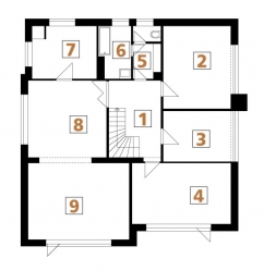 Patro  současný stav: 1 hala, 2 ložnice, 3 a 4 dětský pokoj, 5 WC, 6 koupelna, 7 kuchyň, 8 jídelna , 9 obývací pokoj